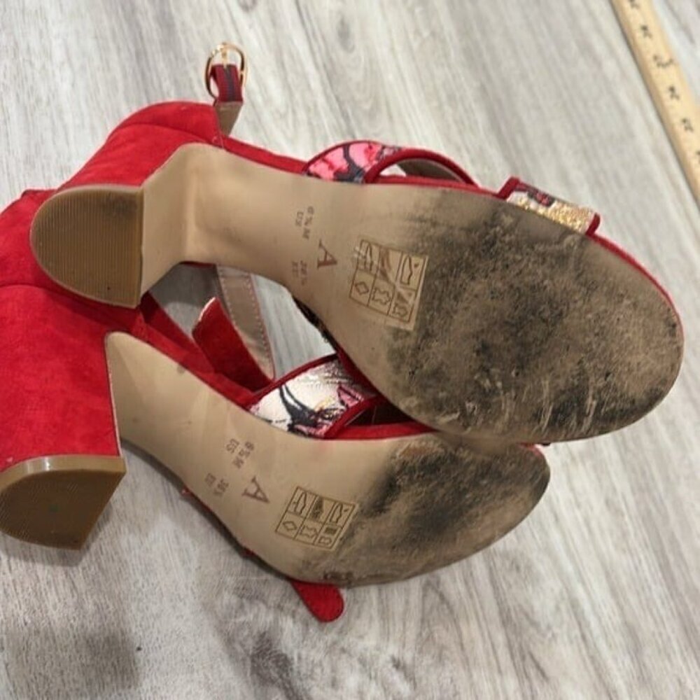 Anthropologie Red Jacquard red block Heel Sandals 6.5 - Picture 6 of 7